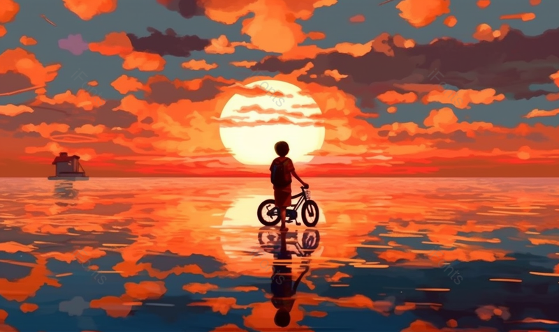 夕阳下海边骑自行车的男孩手绘插画背影图,插画/手绘图,插画/手绘图库,插画/手绘图下载,插画/手绘